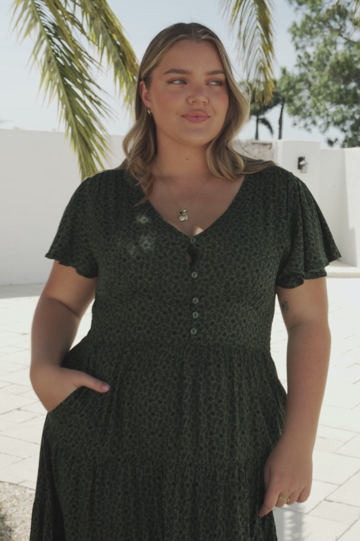 Selena Maxi Dress - Tiered A-Line Dress with Flutter Cap Sleeves in Borah Print Green