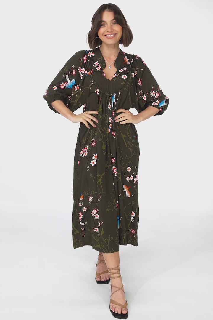 JAASE - Boheme Midi Dress: Piping Defined Bust Slimline Smock Dress In Birds Paradise Print