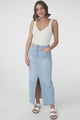 Astrid Denim Midi Skirt - High Waisted Stretchy Skirt with Front Split