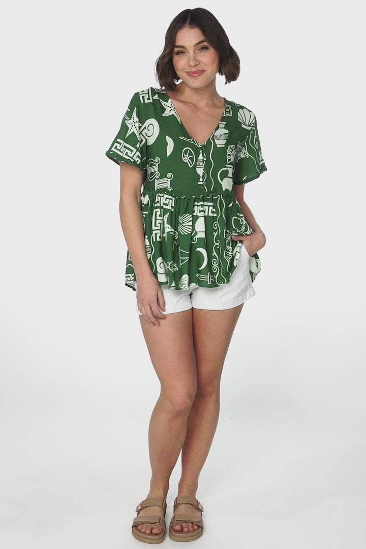 Aster Top - Pull Over Top with Rick Rack Detailing in Piper Print Green