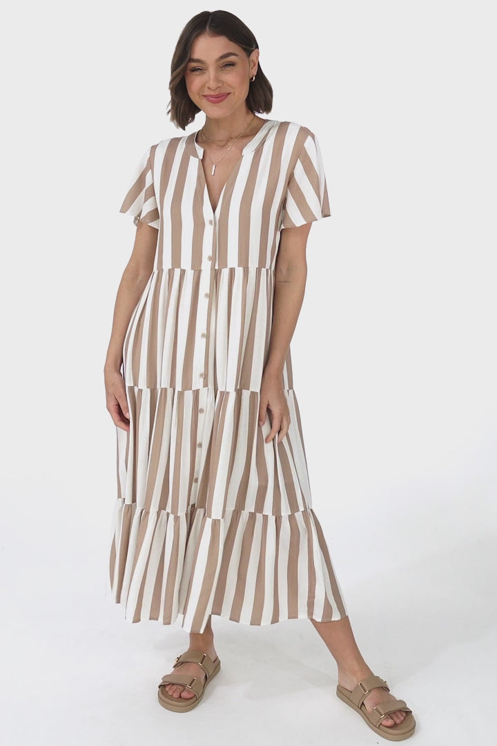 Milla Midi Dress - Tiered Button Down Dress in Gaubi Print Beige