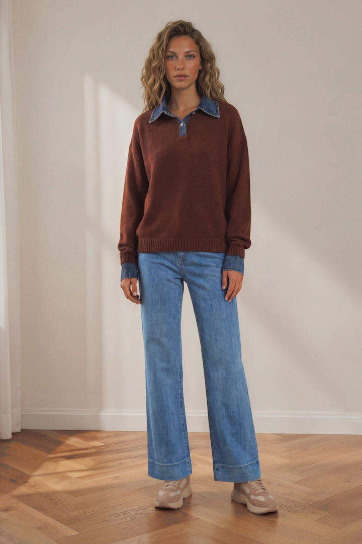 Maddie Jumper - Denim Wing Collar and Cuff Knit Pullover in Chocolate