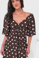 Justina Mini Dress - V-Neck Gathered Bodise On or Off Shoulder Mini Dress in Kitson Spot Print Chocolate