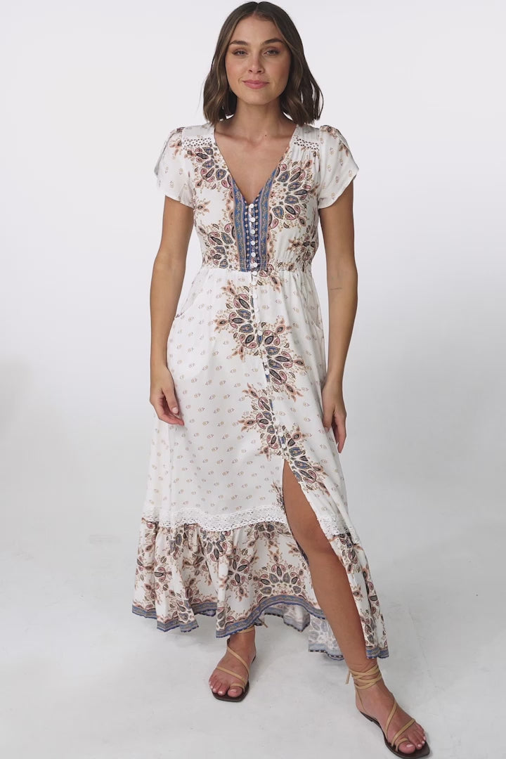JAASE - Carmen Maxi Dress: Butterfly Cap Sleeve Button Down A Line Dress with Lace Trim in Gemstone Print