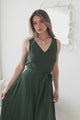 Delphy Midi Dress - Linen V Neck Sleeveless A-Line Dress with Waist Tie in Emerald