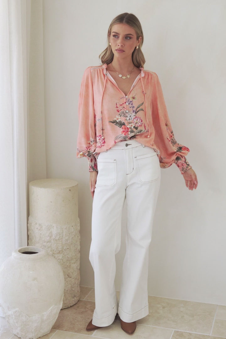 Violet Blouse - Frill Collar Button Down Balloon Sleeve Blouse In Evette Print