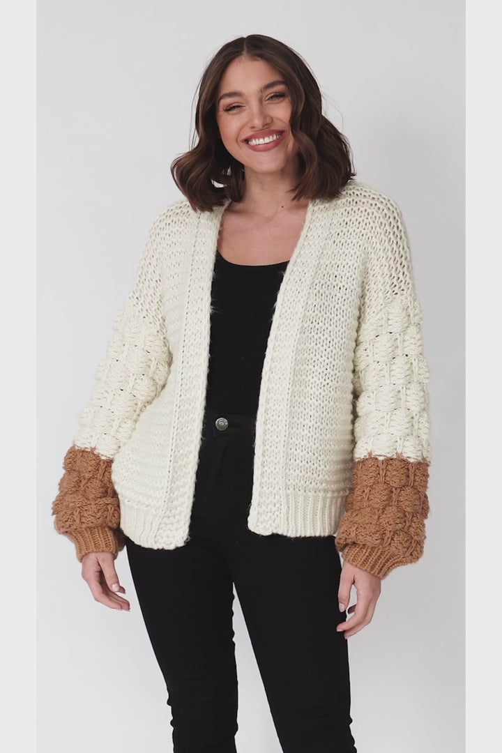 Paddy Cardigan - Bubble Knit Balloon Sleeve Colour Block Cardigan in Cream