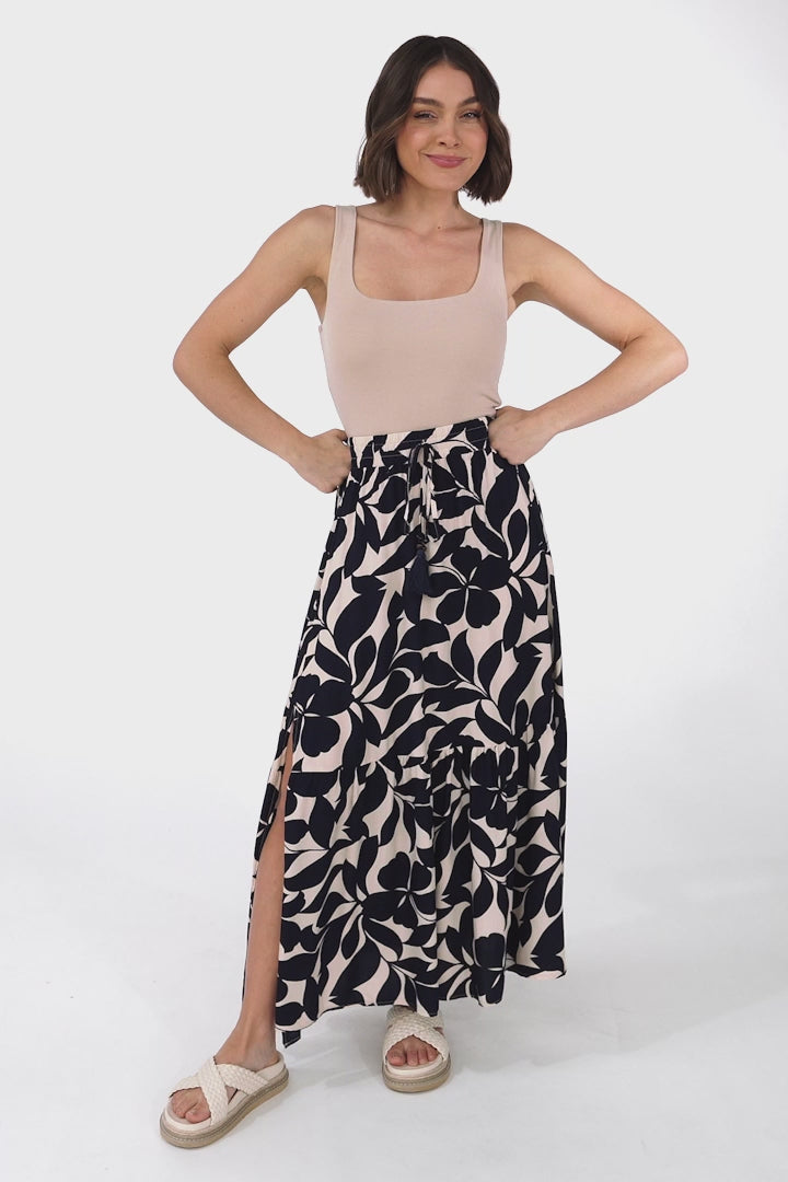 Hellen Maxi Skirt - High Waisted Skirt with Front Splits in Kiera Print Navy