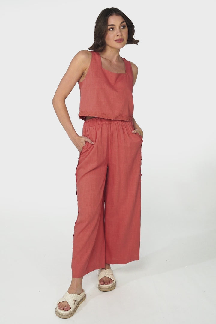 Bailie Linen Set - Boxy Top and Pant Set with Rick Rack Detailing in Guava