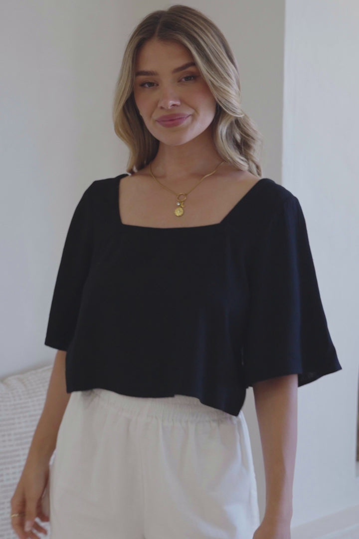 Zali Top - Square Neckline Crop with Short Airy Sleeves in Black
