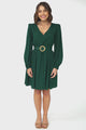 Lyna Mini Dress - A-Line Dress with Statement Rattan Buckle Belt in Emerald