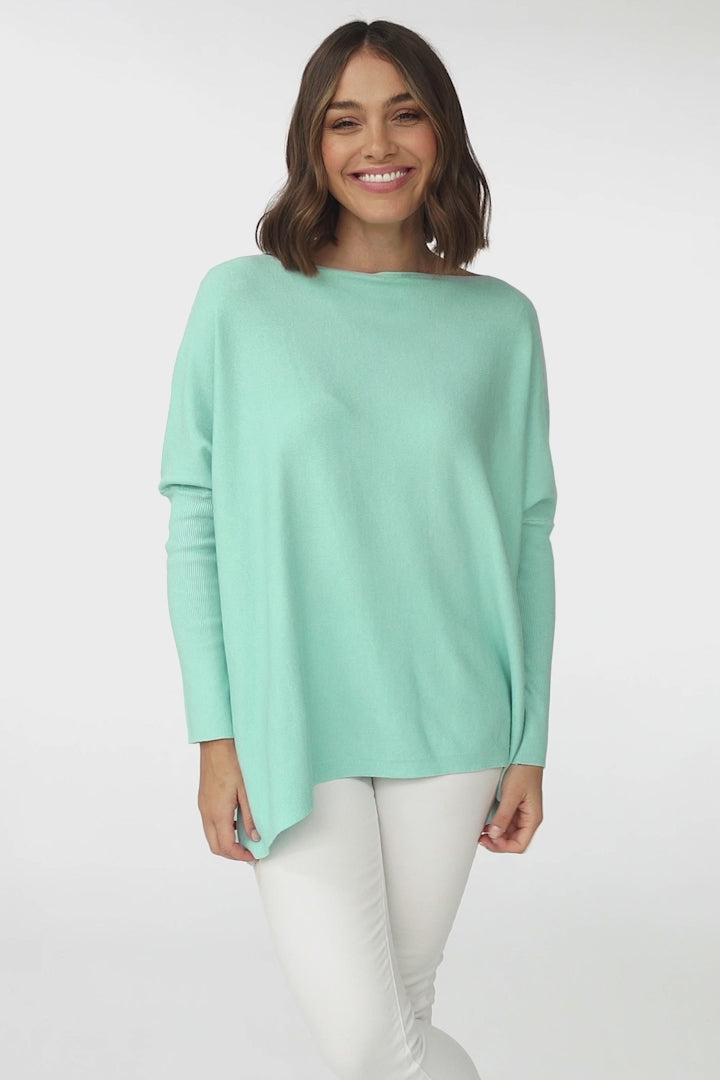 Belinda Knit Top - Boat Neckline Boxy Batwing Top in Light Blue