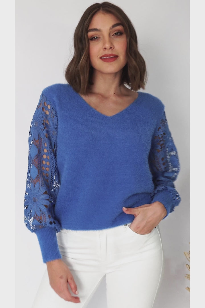 Romina Jumper - V Neck Lace Sleeve Jumper in Blue