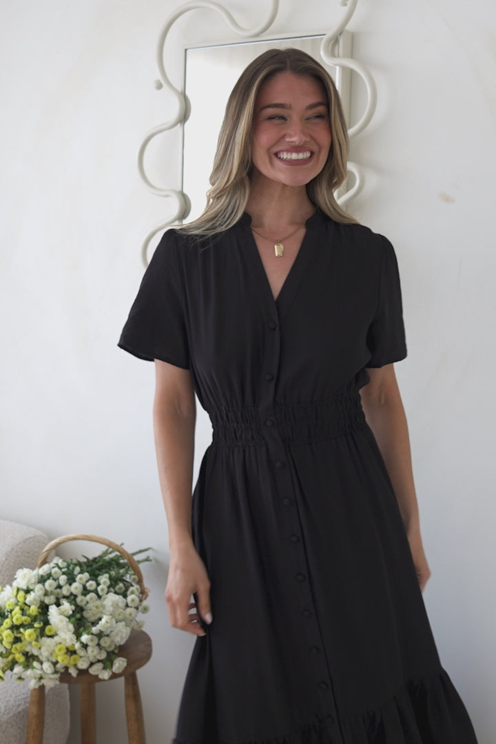 Paloma Midi Dress - Mandarin Split Collar A Line Button Down with Cap Sleeves in Black