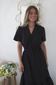 Paloma Midi Dress - Mandarin Split Collar A Line Button Down with Cap Sleeves in Black