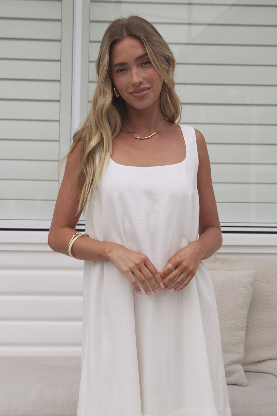 Nisha Mini Dress - Square Neck Relaxed A Line Dress in White