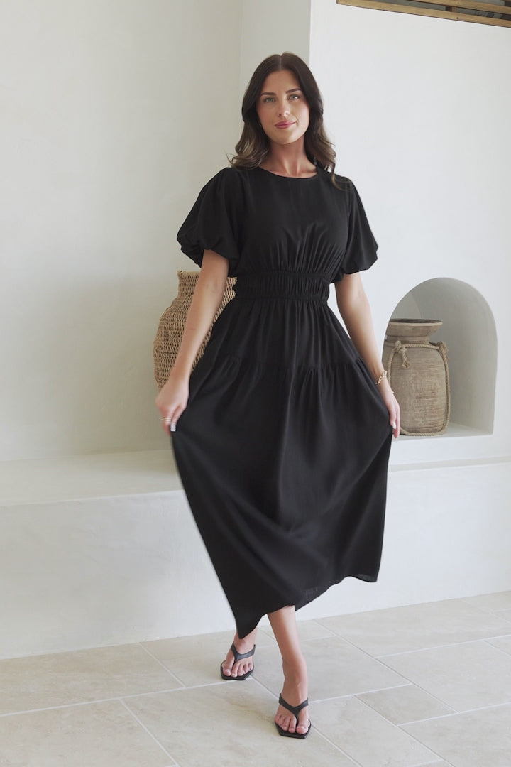 Maeana Maxi Dress - Short Balloon Sleeeve Elasticated Waist A Line Dress in Black