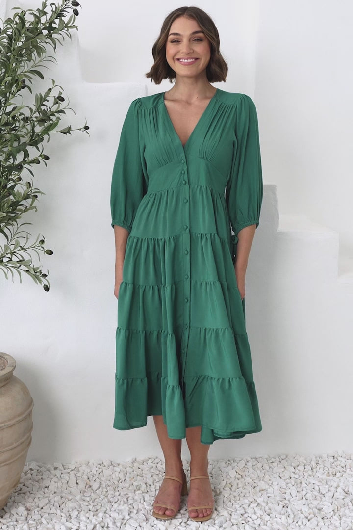 Milly Midi Dress - Tiered Button Down 3/4 Sleeve Dress in Green