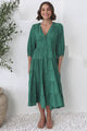 Milly Midi Dress - Tiered Button Down 3/4 Sleeve Dress in Green