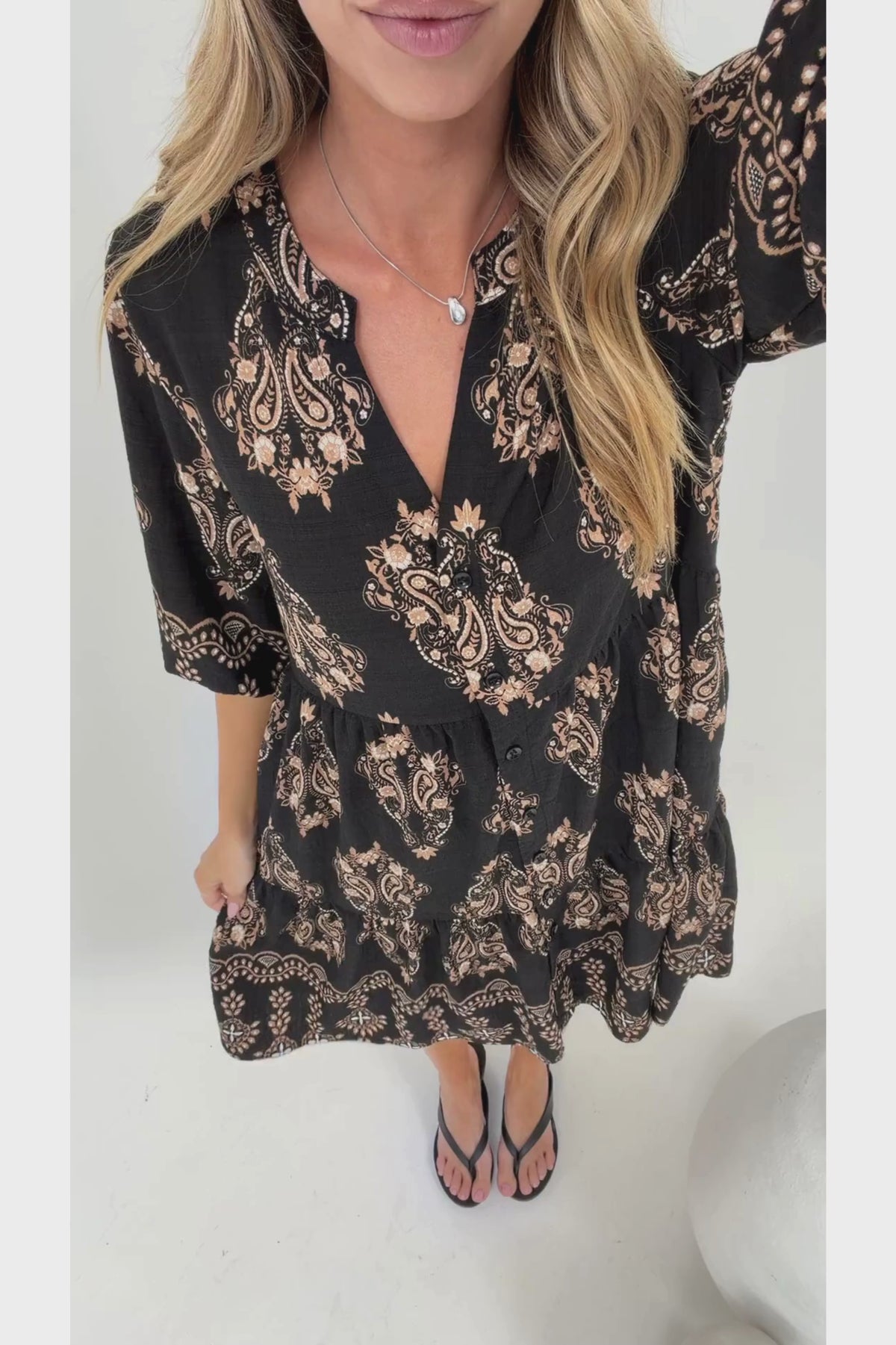 Sorrento Mini Dress - V-Neck Shift Dress with Balloon Sleeves in Soleil Print