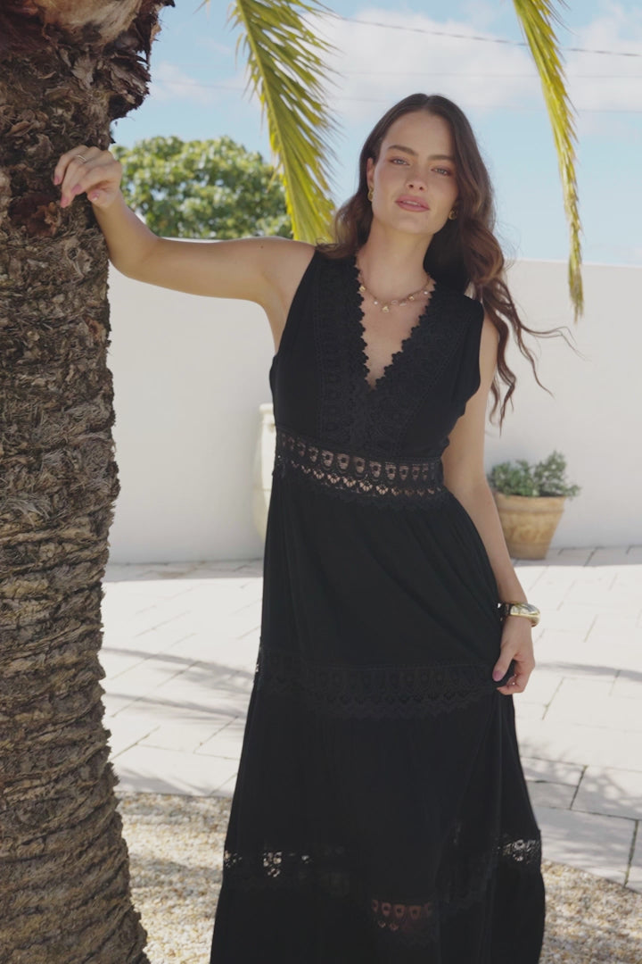 Cassia Maxi Dress - Lace Trim V-Neck Sleeveless with Lace Splicing Dress in Black