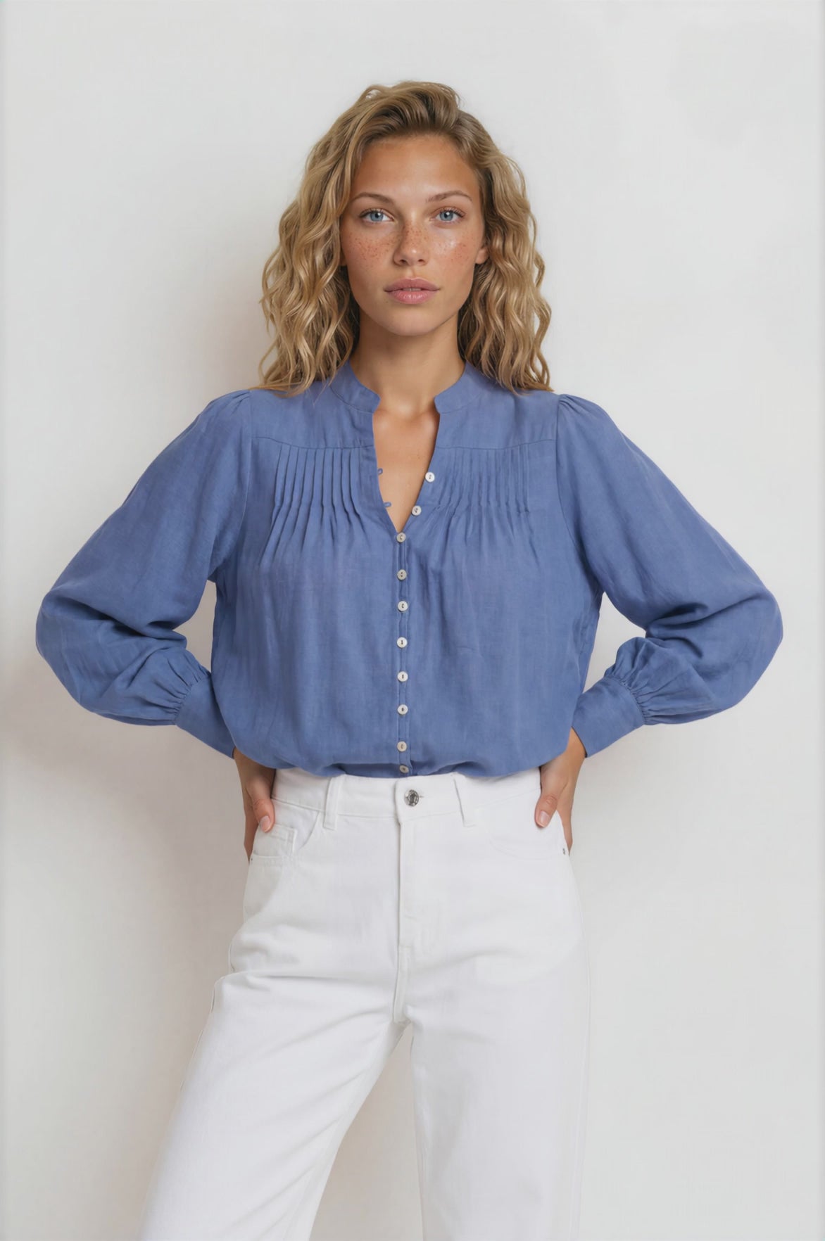 Cindie Blouse - Oversized Mandarin Collar Button Down Blouse in Blue