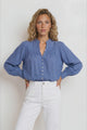 Cindie Blouse - Oversized Mandarin Collar Button Down Blouse in Blue