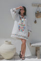 Margerie Long Sleeve Mini Dress - V-Neck Multicoloured Floral Embroidered Shift Dress in White