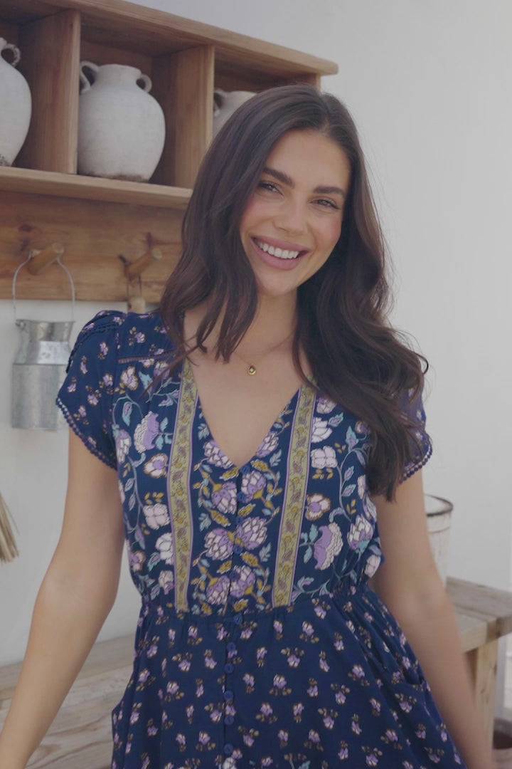 JAASE - Lizzie Mini Dress: Butterfly Cap Sleeve Button Down Dress with Pockets in Wild Indigo Print