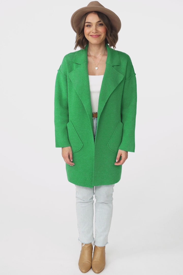 Kierce Cardigan - Folded Lapel Collar Coatigan with Pockets in Green