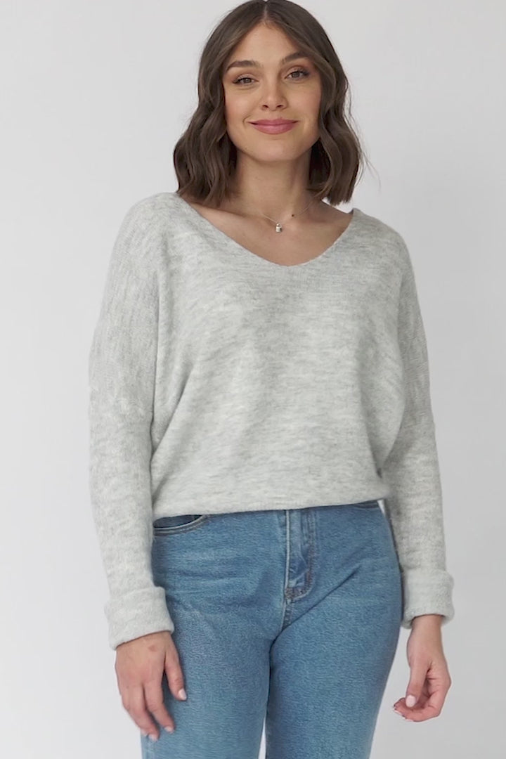 Carol Knit Top - Soft V Neck Batwing Sleeve Knit Top in Grey