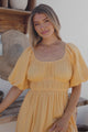 Teddie Maxi Dress - On or Off Shoulder Gathered Waist A-Line Dress in Mustard