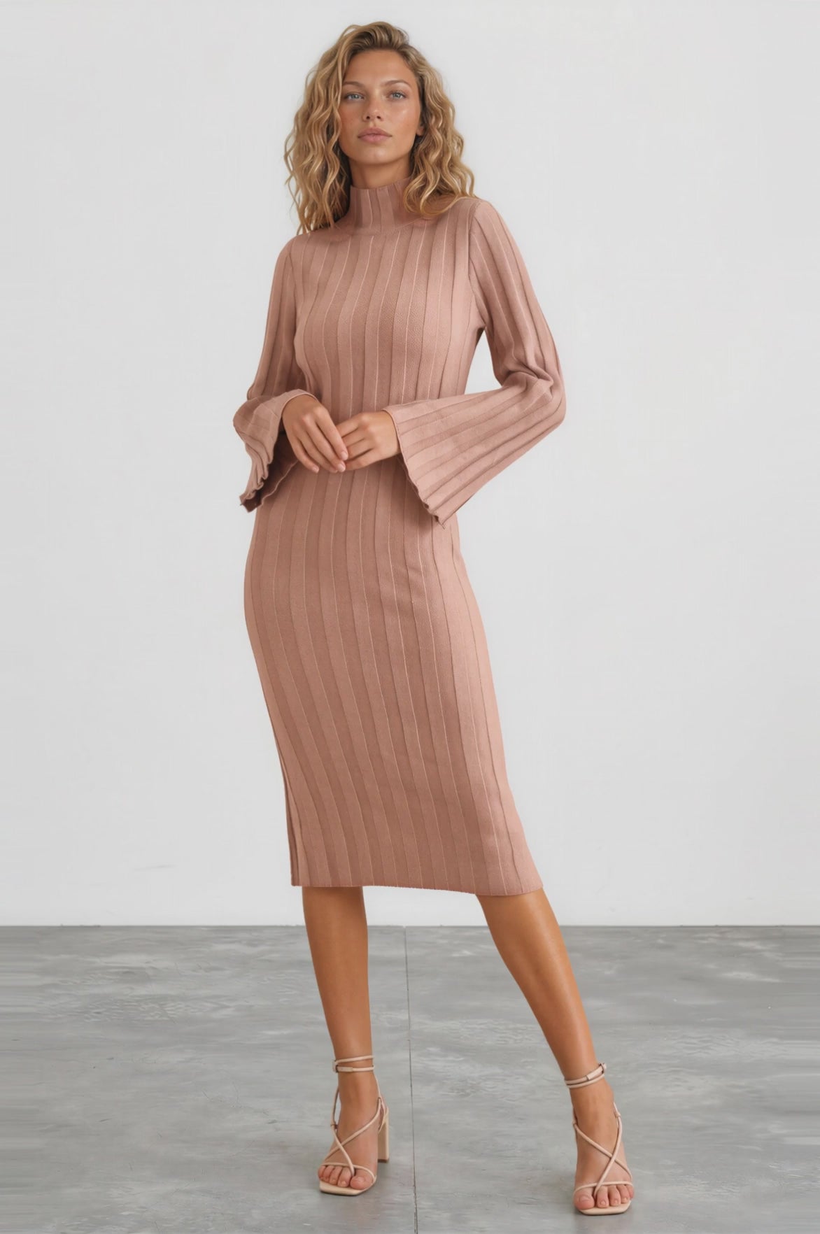 Beckett Midi Dress - Mockneck Ribbed Knit Dress in Camel