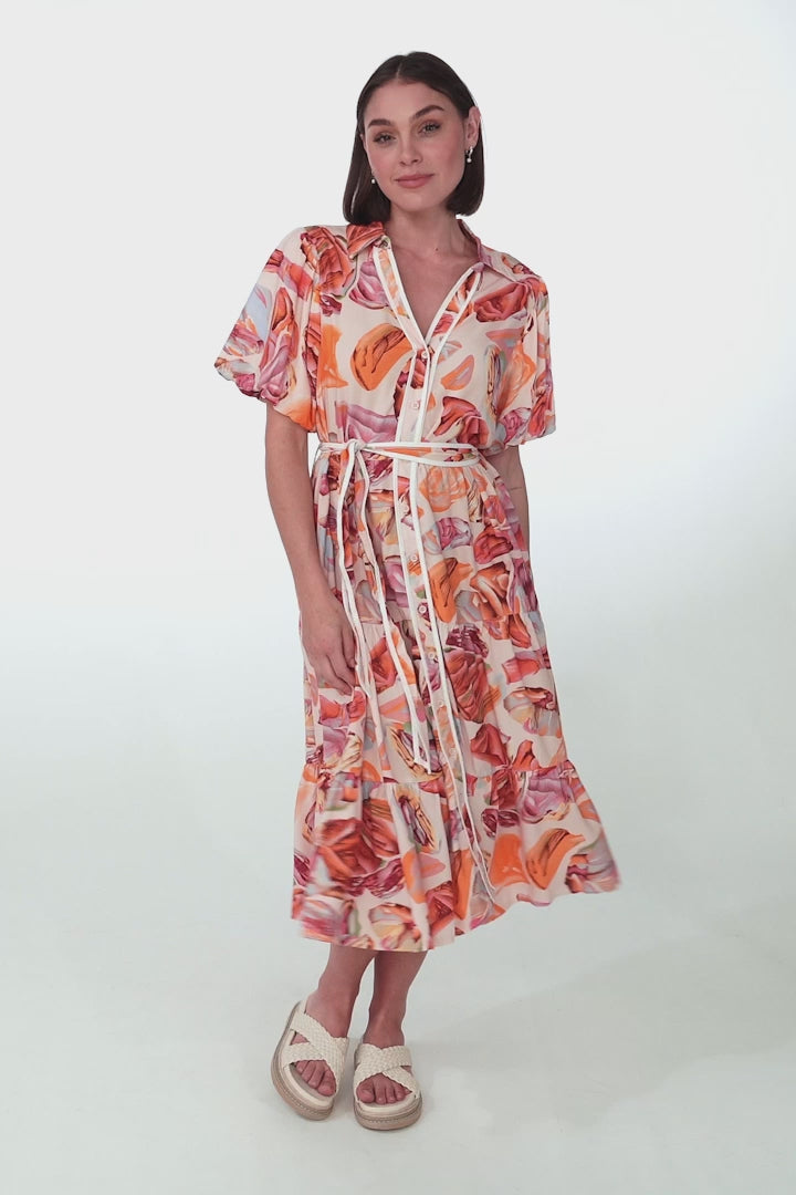 Olisa Midi Dress - Button-Down Contrast Piping Smock Dress with Matching Belt in Adelita Print Orange