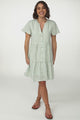 Greta Mini Dress - Manadrin Collar Button Down Dress in Gingham Print Green