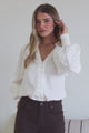 Beldon Blouse - High Mandarin Collar Button Down with Lace Motif Balloon Sleeves and Thick Shirred Cuffs in White
