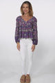 Grace Top - V-Neck Button Decal Long Sleeve Smock Top in Iris Print Navy