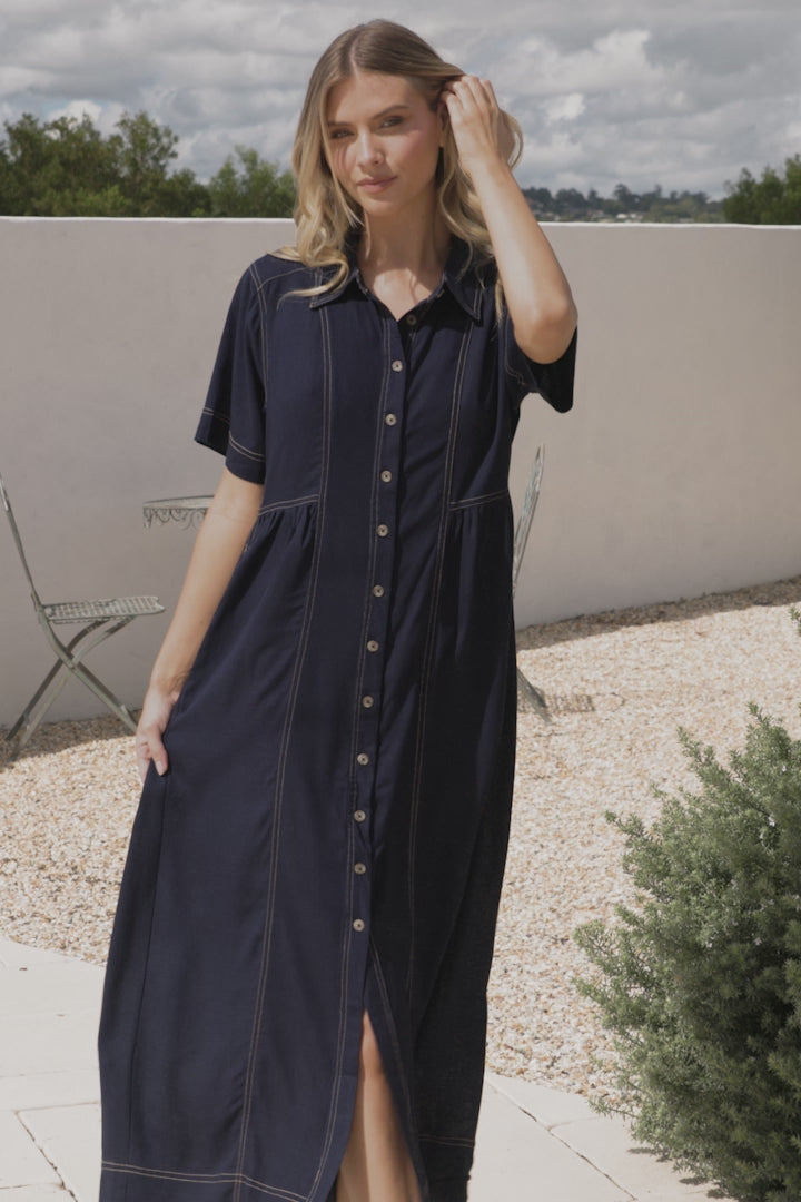 Bento Midi Dress - Wing Collar Button Down Shirt Dress with Contrast Stitching in Indigo