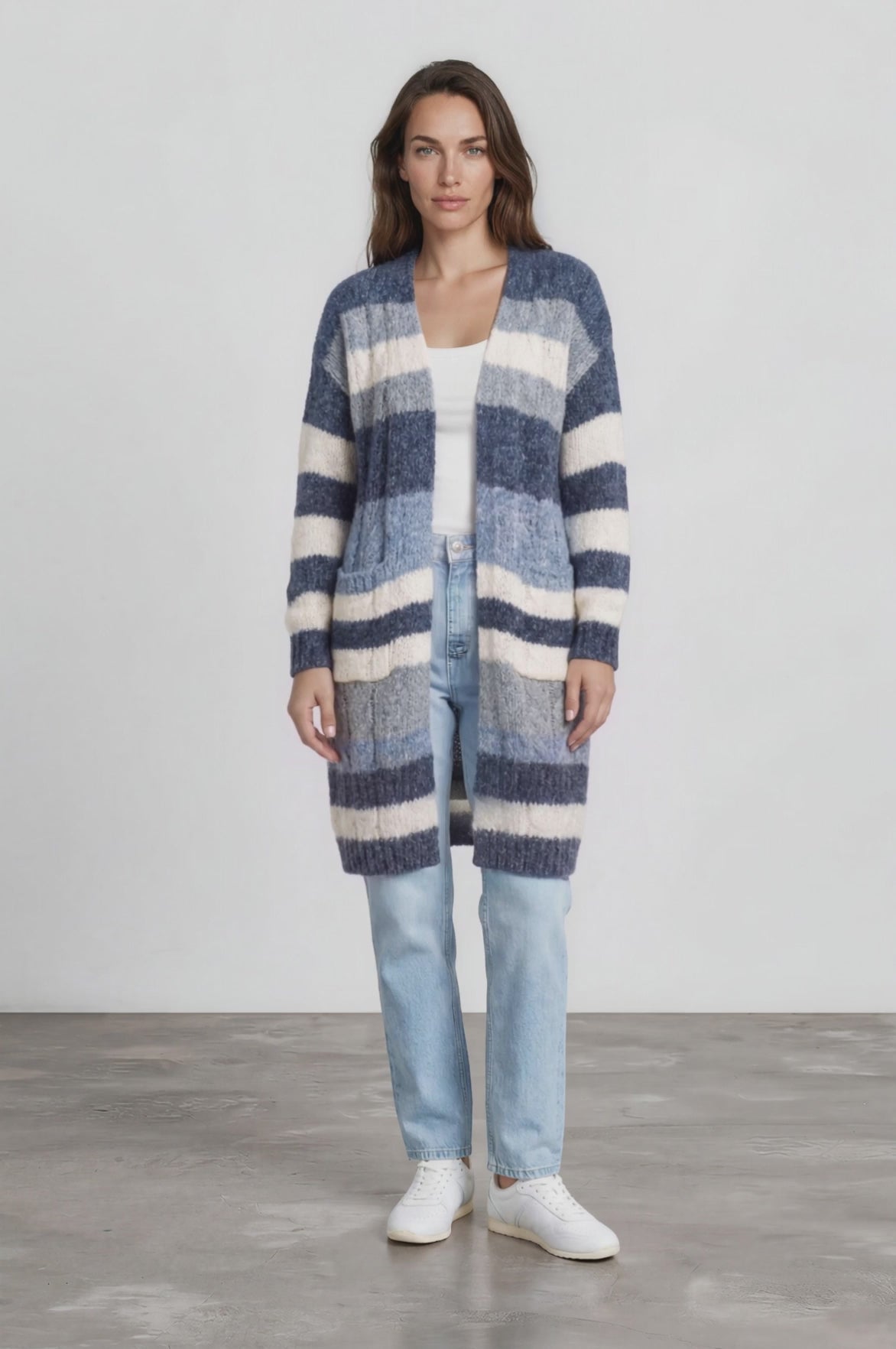 Ollie Cardigan - Open Front Stripe Knit with Pockets in Blue