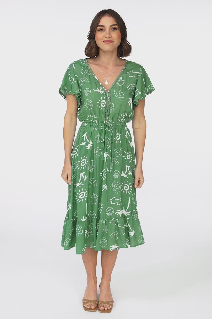 Kaida Midi Dress - Lattice Trim Detailed Buttoned Bodice A-Line Dress in Maui Print Green