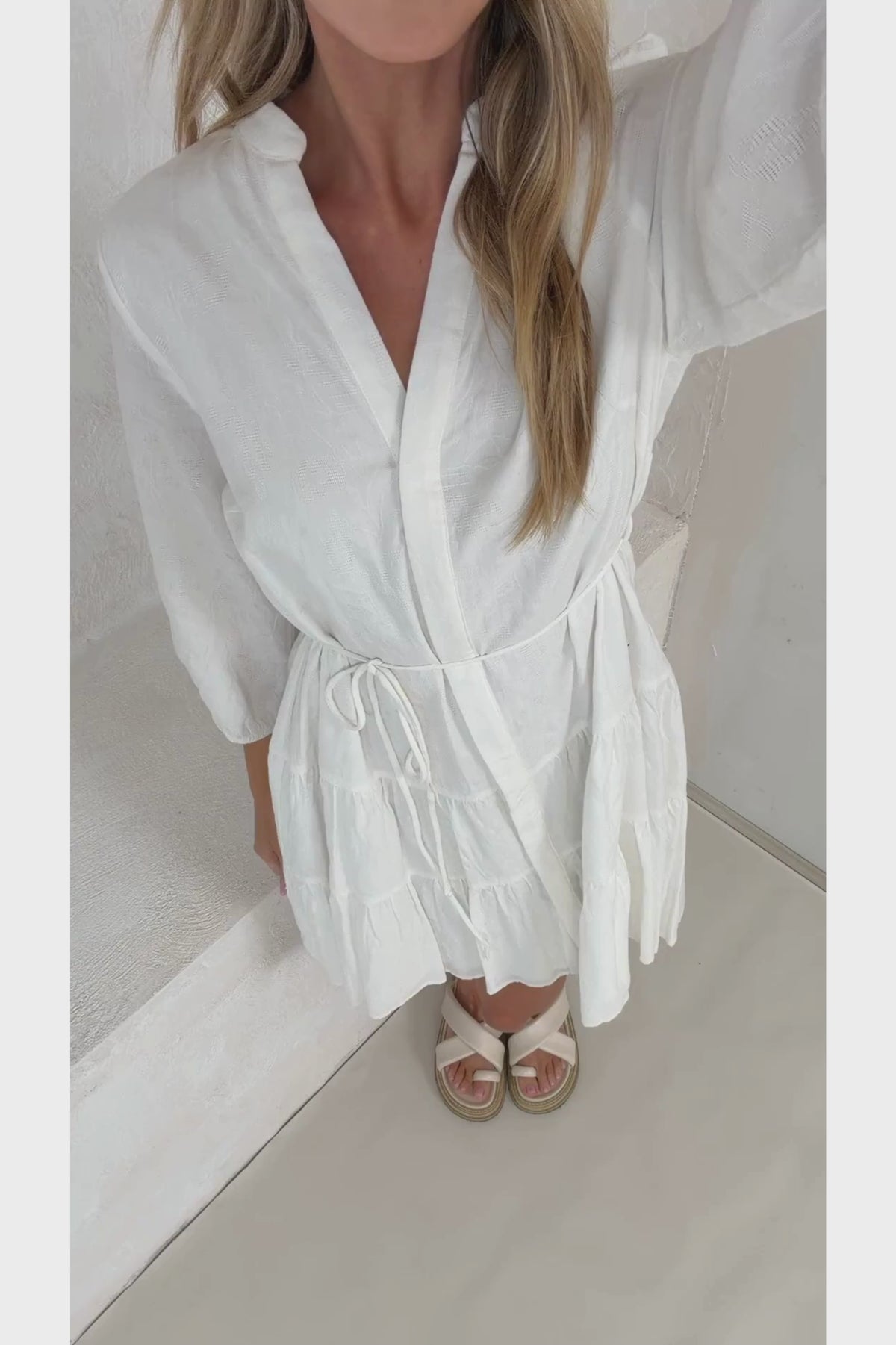 Ivory Mini Dress - Mandarin Collar 3/4 Sleeve Tiered Dress with Subtle Embroidered Pattern in White