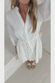 Ivory Mini Dress - Mandarin Collar 3/4 Sleeve Tiered Dress with Subtle Embroidered Pattern in White