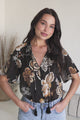 Maia Top - V-Neck with Neck Tassel Tie and Short Sleeve Button Down in Shanina Print Black