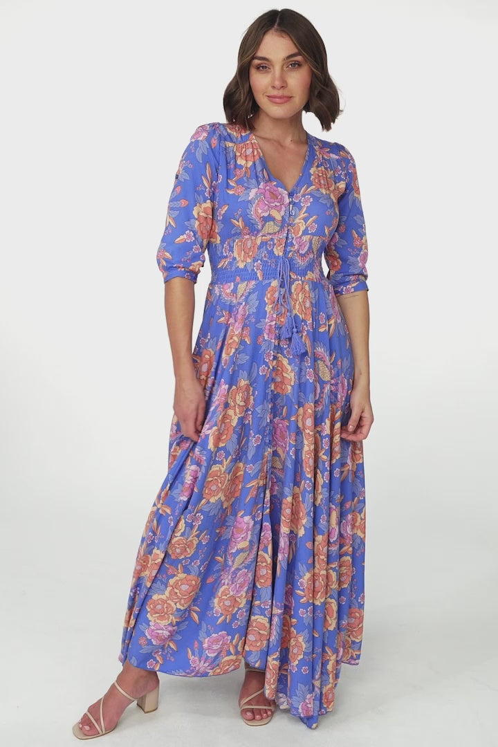JAASE - Indiana Maxi Dress: Lace Back Shirred Waist A Line Dress with Handkercheif Hemline in Glastonbury Print