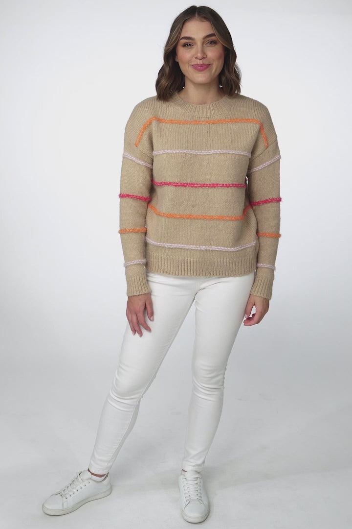 Fletcher Knit Jumper - Crew Neck Multi Colour Stripe Knit in Camel