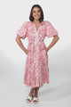 Olisa Midi Dress - Button-Down Contrast Piping Smock Dress with Matching Belt in Henrietta Print Pink