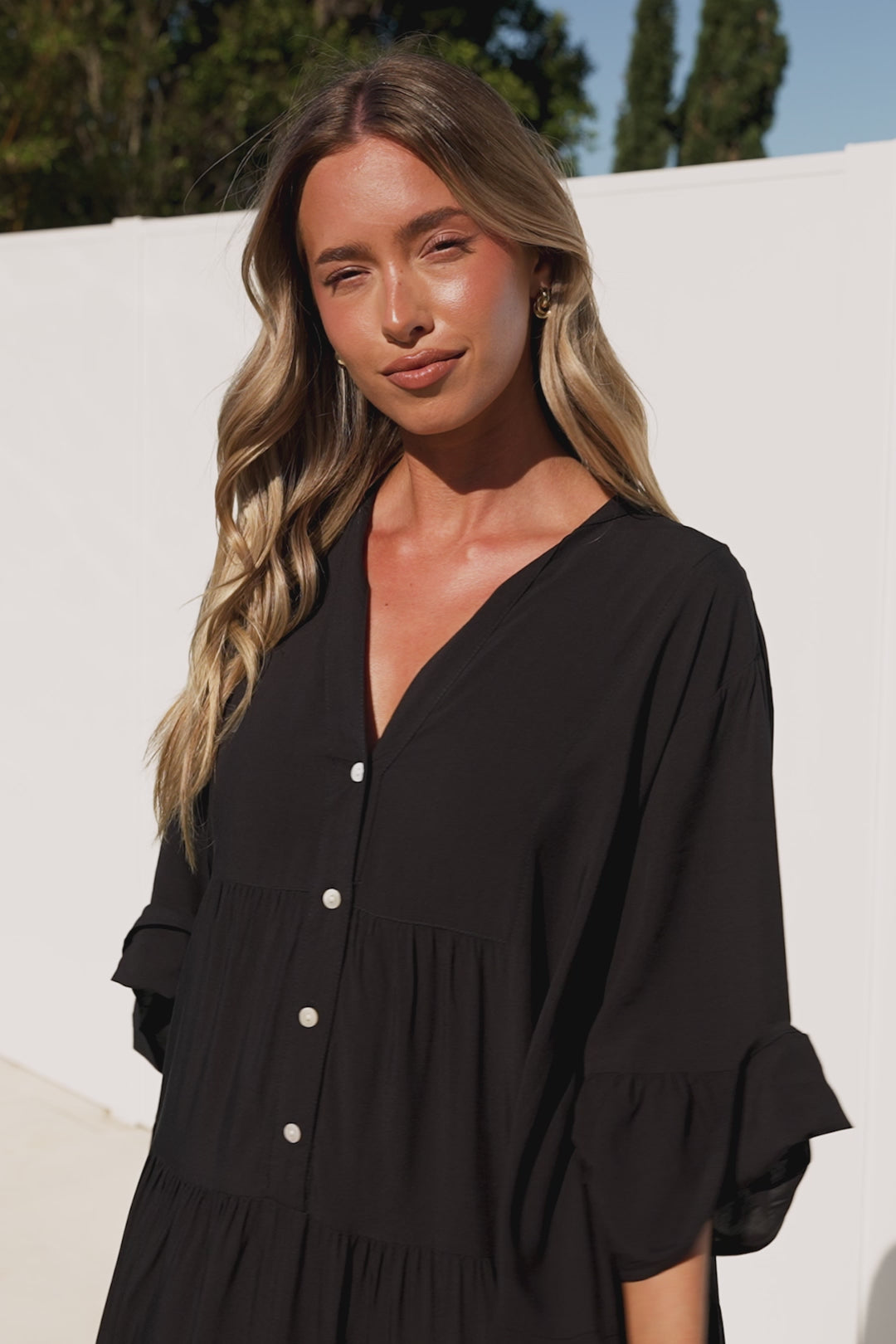 Roux Maxi Dress - Split Neckline Button Placket Tiered Kaftan Dress with Bell Sleeves in Black