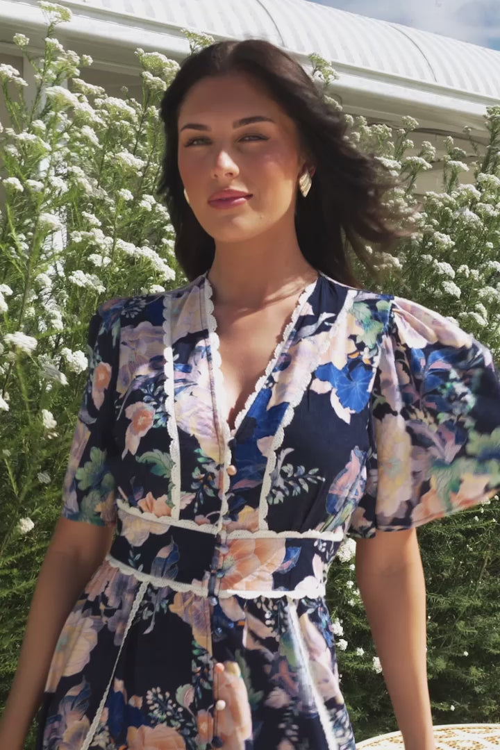 Nolette Maxi Dress - Lace Trim Button Down Dress with Flutter Sleeves in Ana Print Navy