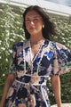 Nolette Maxi Dress - Lace Trim Button Down Dress with Flutter Sleeves in Ana Print Navy