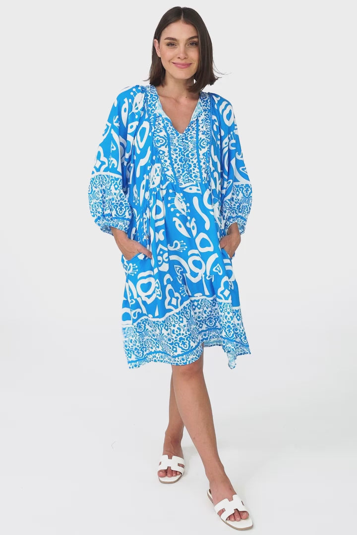 Juddy Mini Dress - Batwing Sleeve Smock Dress with Lace Detailing in Khavi Print Blue